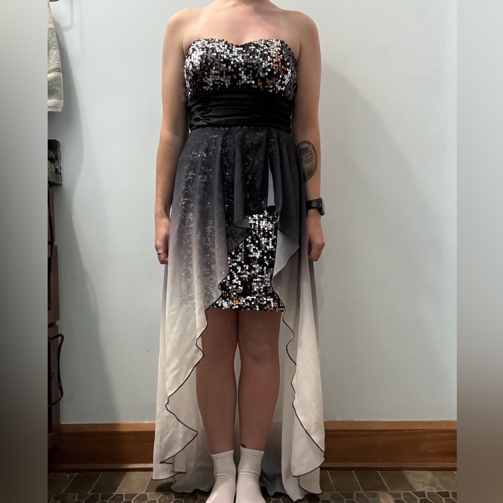 Short Black and White Sequin Dress with Train